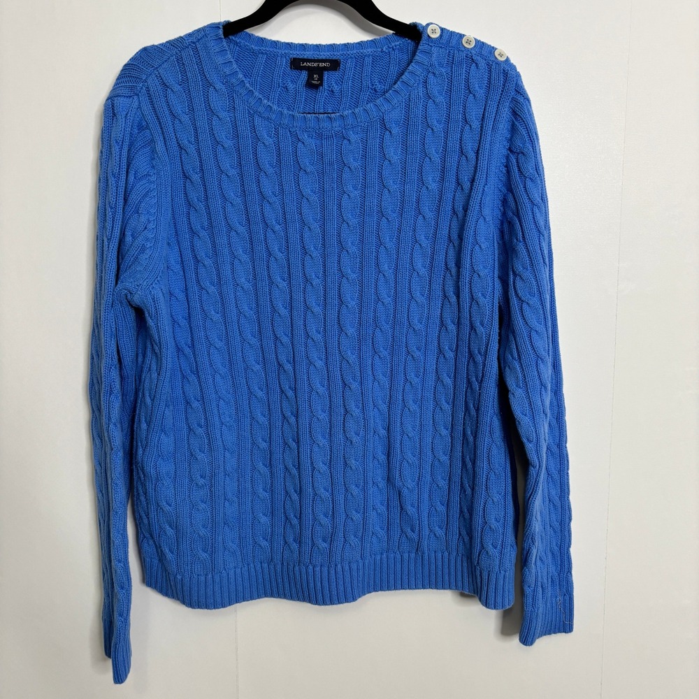 Lands End Blue Cable Knit Cotton Sweater Womens XL 18 Shoulder Buttons Preppy